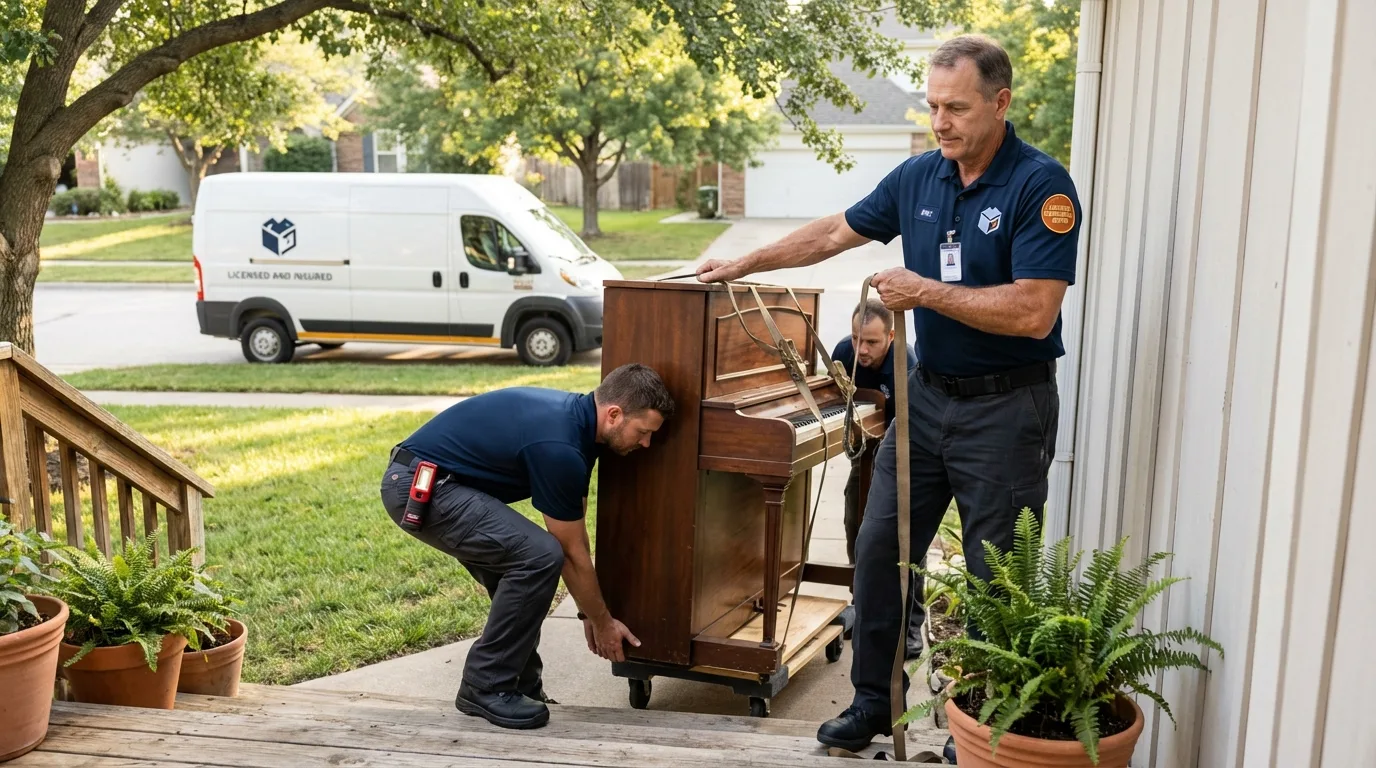 Licensed piano movers securing grand piano in Leipsic, OH