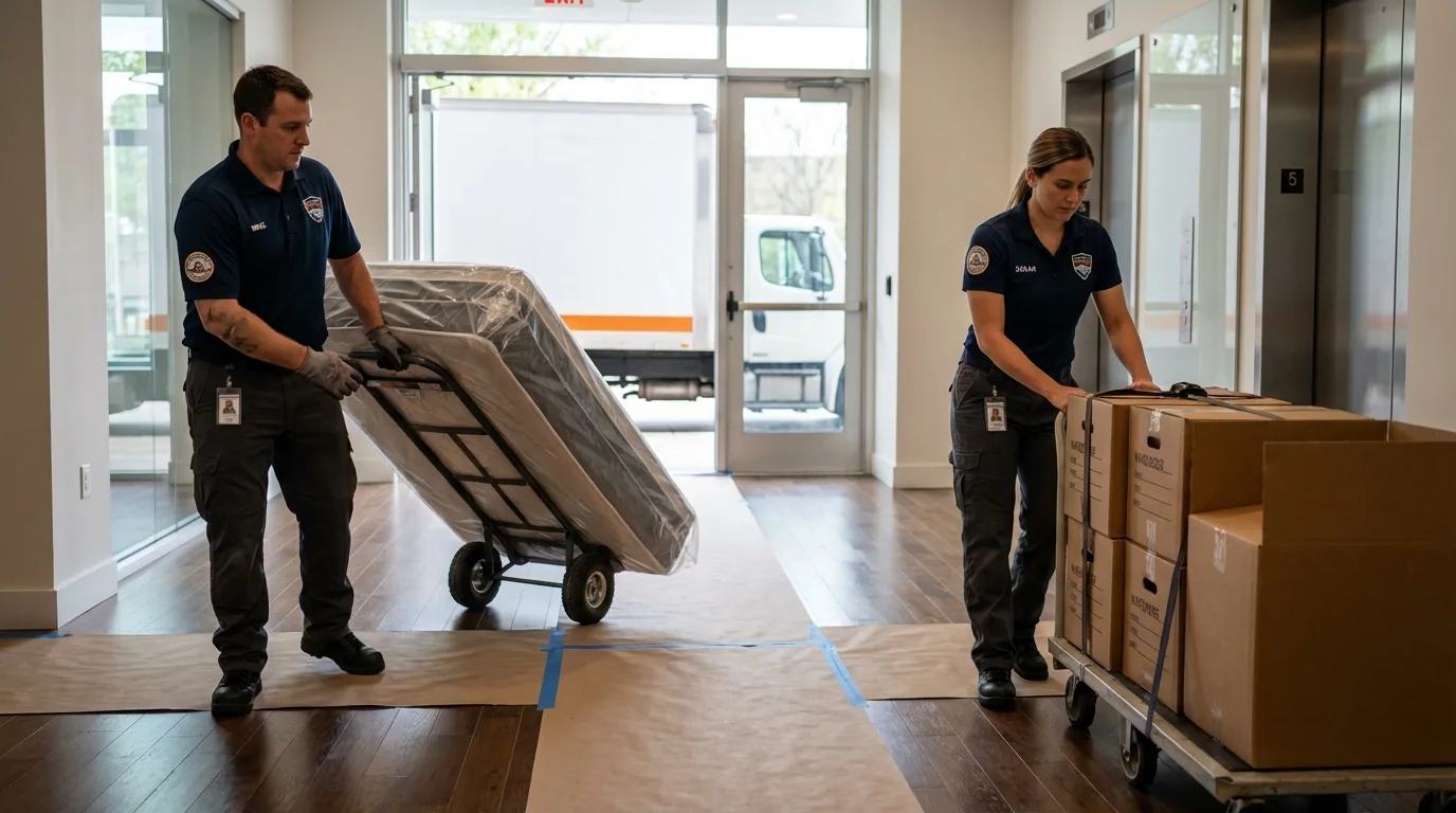 Professional apartment movers loading elevator in Leipsic, OH